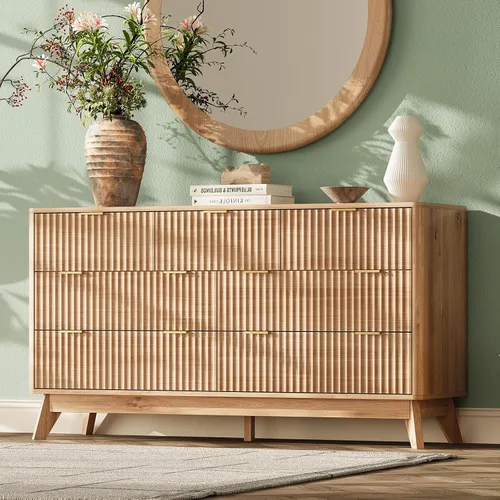 Vista 19 de Cómoda acanalada con 9 cajones de 63 pulgadas de ancho para dormitorio, borde curvado, roble Wooden Closet Organizer for Bedroom,Fluted Dresser with