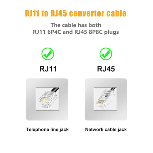 Vista 4 de Uvital Adaptador RJ11 a RJ45, 1 paquete RJ45 hembra a RJ11 macho para teléfono fijo, adaptador de conector de teléfono negro a Ethernet con cable