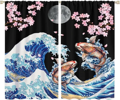 Vista 6 de Koi Fish - Cortinas opacas para cocina, estilo japonés, románticas, con estampado de flores de cerezo, con bolsillo para cortinero, cortinas opacas