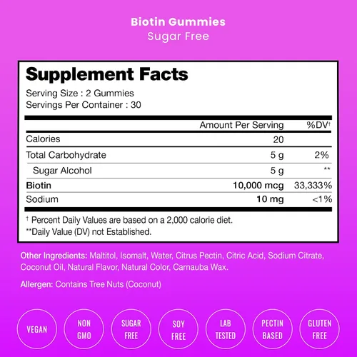 Vista 7 de NutraChamps Gomitas de biotina sin azúcar de 10000 mcg [alta potencia] – Cabello saludable, piel y uñas para mujeres, hombres y niños – 5000 mcg