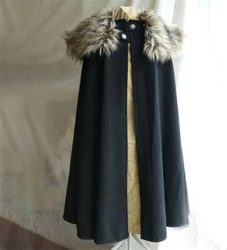 Vista 5 de Capa para hombre, abrigo de invierno cálido gótico de lana sintética con cuello de piel sintética, capa larga, capa vintage medieval vikinga