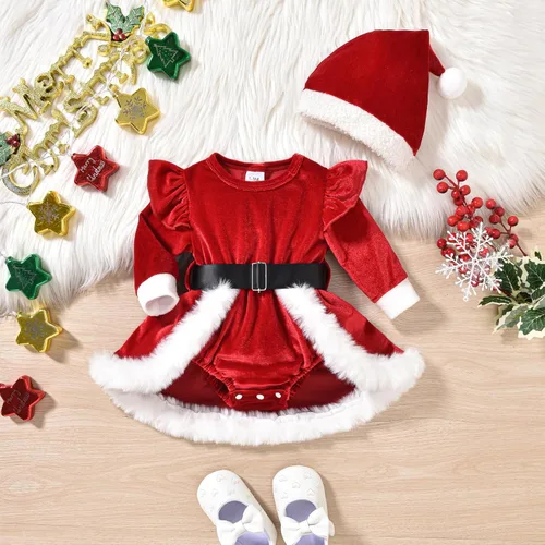 Vista 2 de Mameluco de Navidad para bebé recién nacida, vestido de terciopelo rojo, 2 piezas, ropa de Navidad para bebé Rojo A