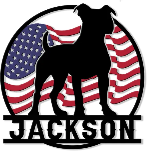 Vista 6 de Letrero de metal personalizado con diseño de perro Pitbull, bandera de Estados Unidos, letrero colgante para porche al aire libre, bienvenida