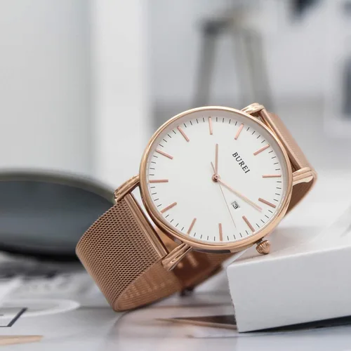 Vista 4 de BUREI Relojes de pulsera para hombre, a la moda, minimalista, analógico, de malla de cuarzo, impermeables, relojes para hombres