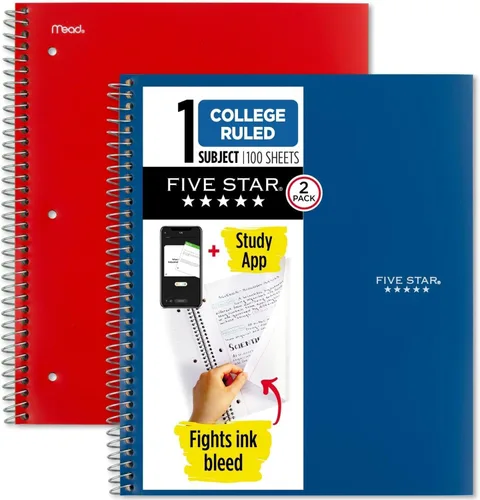 Vista 9 de Five Star Cuaderno de espiral + aplicación de estudio, paquete de 2, 1 materia, papel rayado universitario, 100 hojas, 8-1/2 x 11 pulgadas, azul