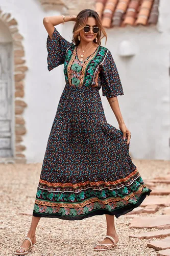 Vista 2 de PRETTYGARDEN - Vestido casual de playa y de verano para mujer de estilo bohemio manga corta cuello en V y con estampado floral maxi vestidos largos