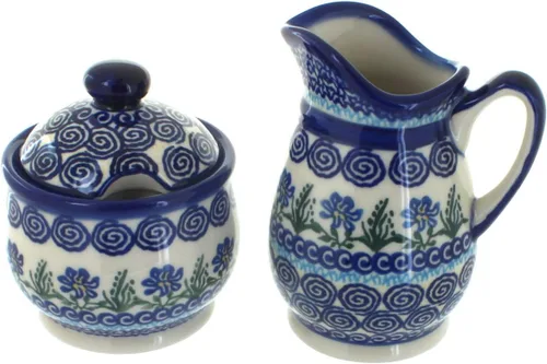Vista 2 de Set de crema y azúcar de flor de manzana y cerámica polaca de rosa azul