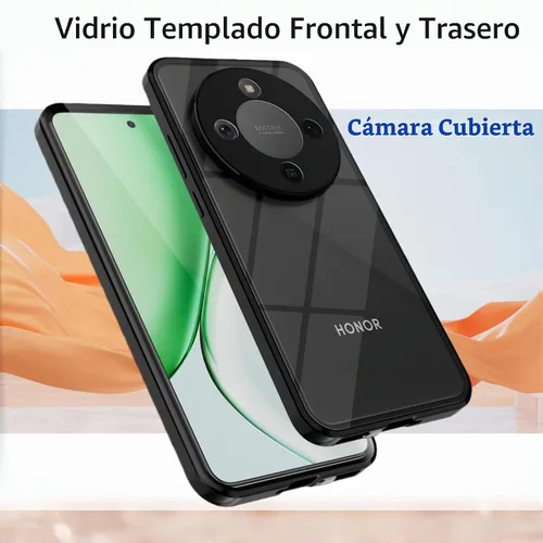 Vista 3 de QUIETIP Funda magnética para Honor Magic 8 Lite/Honor X9d, marco de metal de doble cara cubierta de vidrio templado transparente, negro