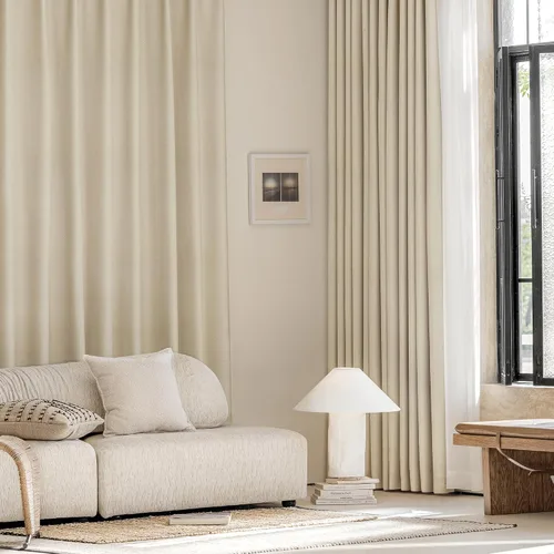 Vista 8 de Cortinas de lino 100% opacas de 96 pulgadas de largo, 2 paneles para dormitorio, sala de estar, lino beige, texturizado, para oscurecer