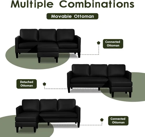Vista 7 de Sofá modular convertible de cuero en forma de L con diván reversible, moderno sofá modular de 3 plazas para sala de estar, espacios pequeños
