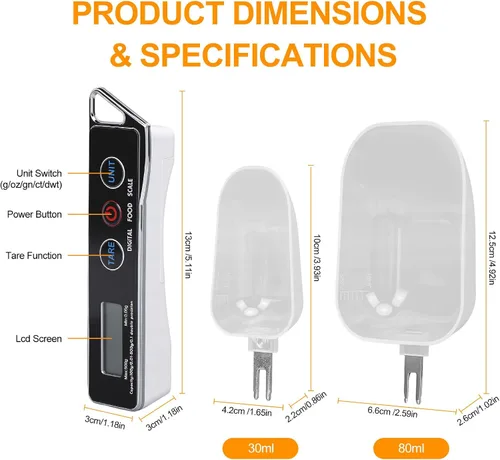 Vista 2 de Dioche Cuchara medidora digital, alta precisión de 0.00 oz a 17.64 oz de capacidad, con cucharas desmontables de 1.0 fl oz y 2.7 fl oz, función