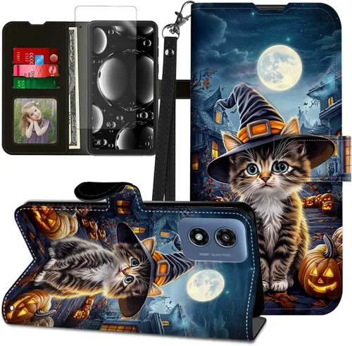 Vista 345 de Funda para Motorola Edge 2022 con protector de pantalla, soporte y tarjetero y correa para la muñeca, funda magnética para Moto Edge 2022 5G UW Lobo