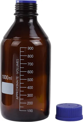 Vista 2 de Botellas ámbar de almacenamiento de medios de laboratorio, contenedor de vidrio graduado marrón GL45, tapa de rosca a prueba de fugas, multiusos Azul