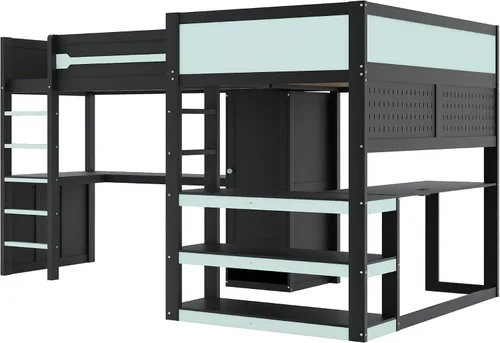Vista 9 de Twin Size L-Shaped Gaming Loft Bed with Dual Built-in Desks，Black+Blue-P