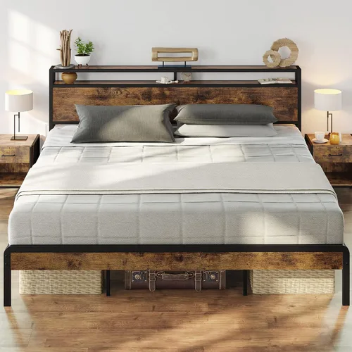 Vista 11 de LIKIMIO Marco de cama tamaño Queen, cama de plataforma con cabecera de almacenamiento de 2 niveles Marco de cama de metal, sólido y estable, sin
