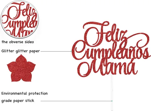 Vista 2 de Decoración para tartas con texto en inglés «Happy Birthday» en español «Mom Happy Birthday», «Best Mom Ever», «Happy Mom», «Happy Mom», «Happy Mom»