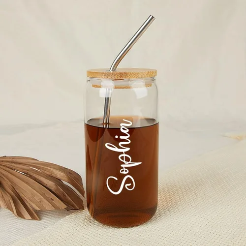 Vista 2 de Vaso de vidrio personalizado con popote y pajita, taza de café helado con nombre, regalo de fiesta nupcial, lata de vidrio personalizada de 16