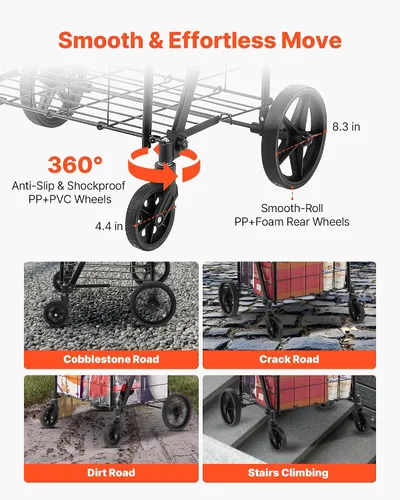 Vista 4 de VEVOR Carrito de compras plegable, carrito de comestibles jumbo con cestas dobles, ruedas giratorias de 360°, carrito utilitario resistente, carrito