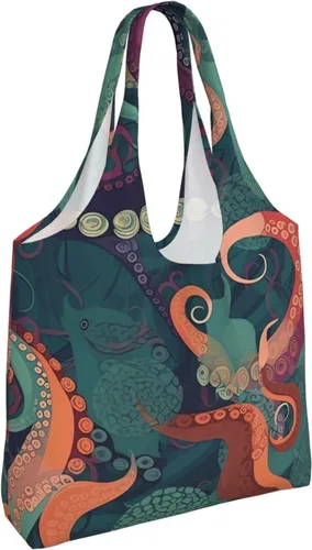 Vista 4 de Bolsas de lona con estampado abstracto de pulpo, bolsa de playa grande, bolsa de hombro de lona, bolsas de compras reutilizables