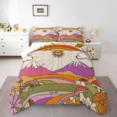 Vista 37 de Lindo juego de edredón de flores para niños y mujeres. Juego de ropa de cama de flores coloridas de dibujos animados, tamaño individual, bonito