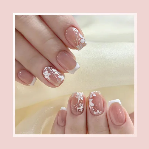 Vista 49 de Uñas postizas a presión medianas con diseño geométrico blanco almendra – 24 uñas postizas reutilizables de ABS brillante, fácil de aplicar, juego
