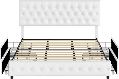 Vista 8 de Keyluv Moderna base de cama tapizada con 4 cajones, diseño de cabecera capitoné con botones, soporte de listones de madera maciza, fácil montaje