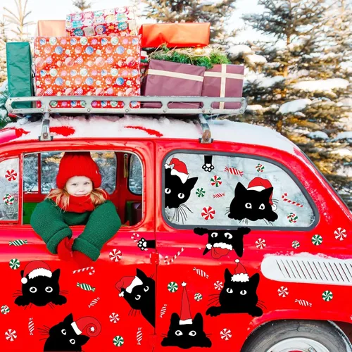 Vista 3 de Adhesivos de ventana de Navidad para ventana de Navidad, gato negro y menta, calcomanías de pared para decoración de ventanas de tienda de vidrio