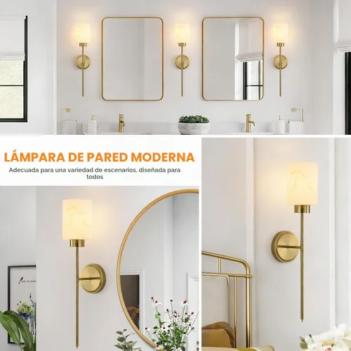 Vista 4 de Juego de 2 apliques de pared dorados con pantalla de vidrio de mármol, accesorios modernos de tocador de baño para dormitorio, pasillo, entrada