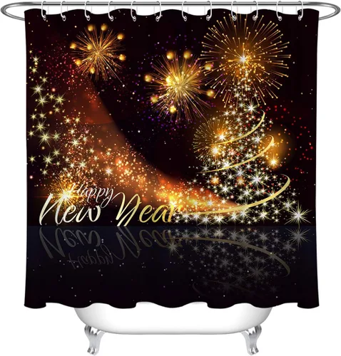 Vista 2 de LB Juego de cortinas de ducha con diseño de Año Nuevo, diseño de fuegos artificiales, cortina de baño brillante de Nochebuena con ganchos, 72 x 72