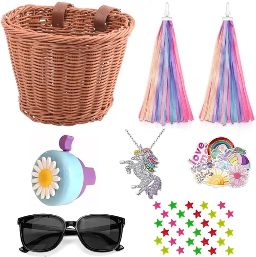 Vista 14 de Cesta de bicicleta para manillar para niñas con collar de unicornio, campana, serpentinas, cuentas de rueda, lentes de sol, calcomanías, juego