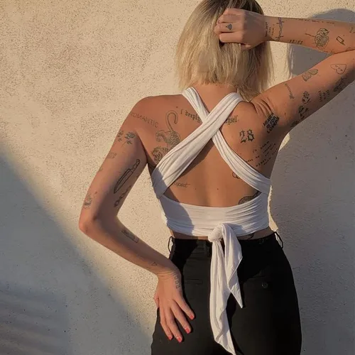 Vista 2 de ZAFUL - Ombliguera cruzada estilo halter de tejido acanalado para mujer camiseta sin mangas tipo con diseño fruncido y con lazos
