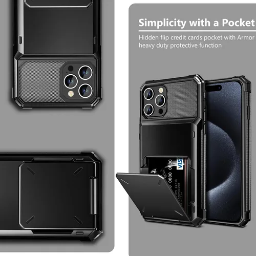 Vista 5 de Vofolen Funda para iPhone 15 Pro con tarjetero y 4 tarjetas, de doble capa, resistente, a prueba de golpes, con ranura oculta para tarjetas, Negro