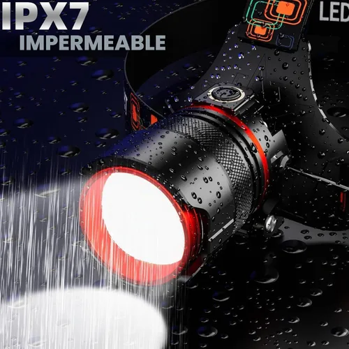Vista 6 de Faro delantero LED recargable de 5000 lúmenes, faro con zoom con 5 modos e impermeable IPX7, luces de cabeza ajustables de 120° para la frente