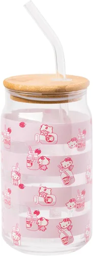 Vista 41 de Silver Buffalo Sanrio - Vaso de vidrio con tapa de bambú y sorbete de vidrio de fotos de Badtz-Maru, 16 onzas