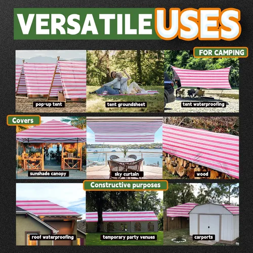 Vista 7 de RAINDEWAY Lonas de 4x8 pies, lona multiusos de poliéster a rayas de 12 mil, impermeable, con ojales y bordes reforzados, lonas rojas/blancas