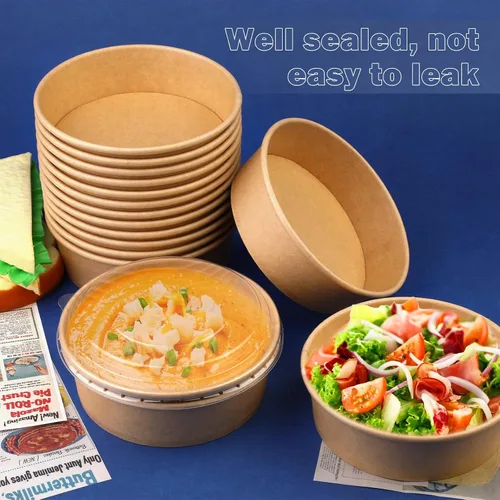 Vista 5 de 50 recipientes desechables de 17 onzas con tapas, cuencos de papel desechables de 16.9 fl oz con tapas transparentes, recipientes de alimentos