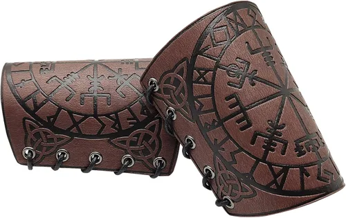 Vista 2 de HiiFeuer Viking Vegvisir Armadura de cuero en relieve 3 colores LARP Guantelete Armadura de cuero Brazo Bracer