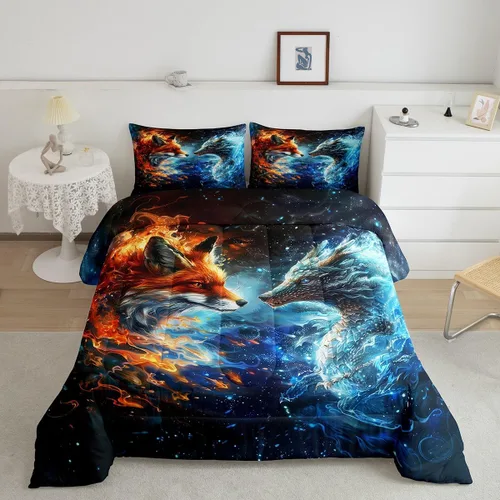 Vista 57 de Castle Fairy Juego de edredón con diseño de gato lindo para niños, tamaño twin, juego de ropa de cama con hojas de flores, luna, noche y cielo