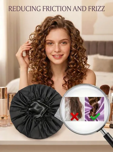 Vista 6 de Aquior Gorro de ducha para mujer, extra ajustable, doble capa, impermeable, reutilizable, gorra de pelo de tamaño grande para todo el cabello