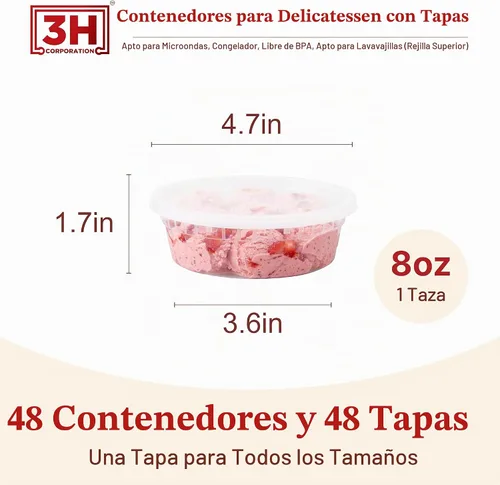Vista 2 de Recipientes de plástico de 8 onzas con tapas (48 juegos/96 piezas) recipientes de sopa de plástico sin BPA con tapas, aptos para microondas