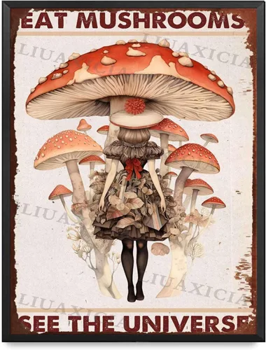 Vista 12 de Letrero retro de hojalata con texto en inglés "Eat Mushrooms See The Universe for Kitchen Bar Garage Decor 8.00"x12.00