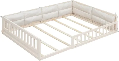 Vista 6 de Cama de plataforma de tamaño matrimonial con valla, plataforma tapizada de madera con barandilla y almohada, color beige
