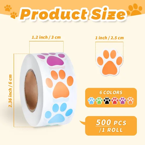 Vista 2 de 500 calcomanías coloridas con estampado de patas, calcomanías autoadhesivas de pata de perro de 1 pulgada 6 Colors for Kids Crafts, Student