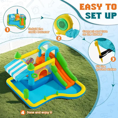 Vista 5 de Albott Inflatable Bounce House Obstacle Course with Blower, for Kids 3-10 Azul océano y verde