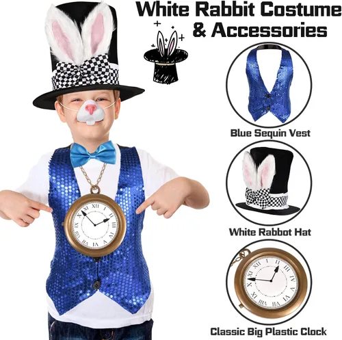 Vista 3 de Juego de 6 piezas de disfraz de conejo blanco, accesorio de disfraz de conejo con chaleco de lentejuelas azules, reloj de gran tamaño de conejo