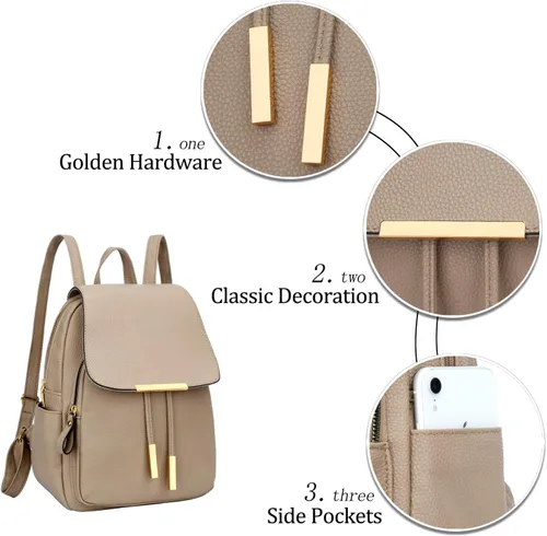 Vista 5 de KKXIU - Mochila de cuero a la moda para mujeres y damas, bolso de hombro para viajes y uso diario, A-caqui, Mediana, Mochila