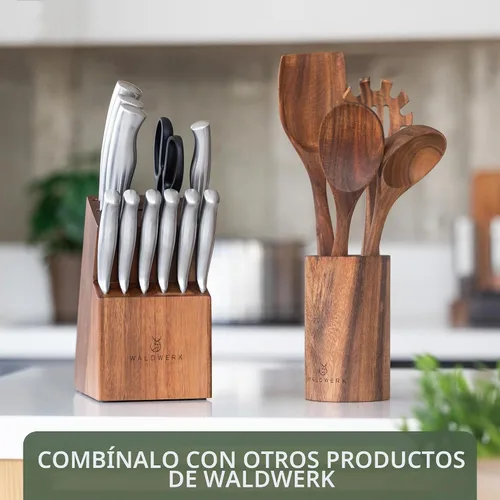 Vista 6 de WALDWERK Cucharas de madera para cocinar, juego de utensilios de cocina de 4 piezas con cucharas de madera de teca, espátula, servidor de pasta