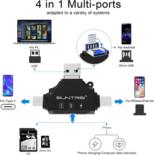 Vista 10 de Lector de tarjetas SD 4 en 1 para iPhone, iPad, Android, Mac, PC, cámara, lector de tarjetas micro SD, adaptador de tarjetas SD portátil, lector