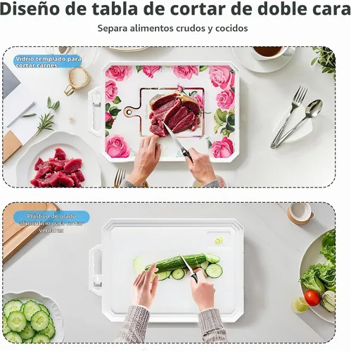 Vista 3 de Ourokhome Tabla de cortar para cocina, tabla de cortar de vidrio templado de doble cara de grado alimenticio para cortar carne, verduras, frutas