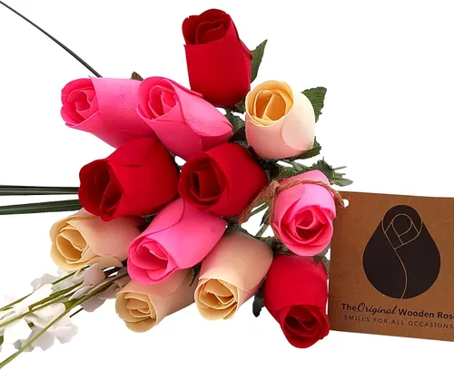 Vista 8 de Ramos originales de rosas de madera en 1, 2, o 3 docenas, Madera de abedul, Todo rojo, 1 Docena